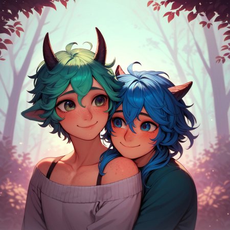 aid291, score_9, score_8_up, score_7_up, score_6_up, high detail, 4k, high resolution, cartoon style, 2boys, femboys, cute, cute boys, feminine boys, romantic, blue hair, green hair, fluffy hair, freckles, horns, animal ears, happy, loving expression, loving gaze, looking at one another, detailed face, beautiful face, expressive eyes, beautiful eyes, face focus, <lora:Hugging:1> hugginganother, hug, couple, forest background