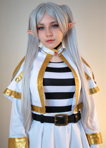 (colourful, soft cinematic light:1.1), best quality,extremely detailed, contrast, (absolute dark), darkness, dark atmoshpere, dark light, Monolid glow Eyes, <lora:Frieren_cosplay:0.8> UZ_frieren_cosplay, frieren, long hair, twintails, elf, white capelet, striped shirt, horizontal stripes, long sleeves, belt, white skirt, gold-trim, black pantyhose,