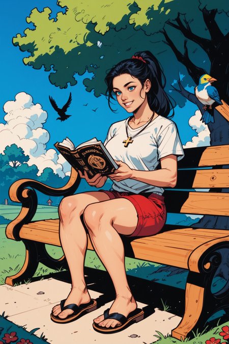 1girl, outdoors, sandals, tree, solo, book, sitting, ponytail, flower, day, bench, black hair, shorts, shirt, sky, necklace, jewelry, cloud, house, long hair, red shorts, grass, reading, bird, open book, holding book, white shirt, cross, scenery, holding, bush, short sleeves, red flower, blue sky, smile, a_Comic_Illustration, rough lines with ink, (drawn:1.1), (sketch:1.5), (crosshatching:1.25), (comic style:1.1), graphic novel style, sharp lines, hires, zstyle, (western comics \(style\):1.1), (hatching \(texture\):1.2), zPDXL, Mr_Monster_Possitive, <lora:Expressive_H:0.5>, score_9, score_8_up, score_8_up,