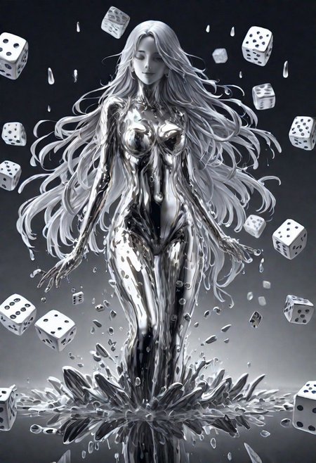 (masterpiece,best quality,ultra-detailed,best illustration:1.3), 1woman,  its raining dice, 1000s of white dice falling from from the clouds, full length metal body, silver liquid metal long hair, casino background,
silver LIQUID METAL