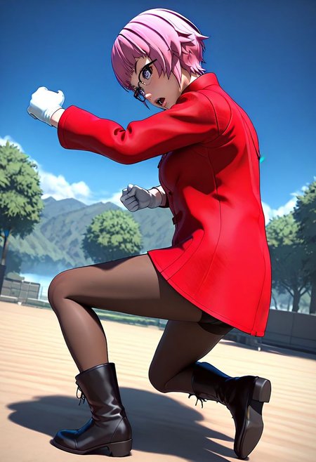 <lora:sdxl_lightning_8step_lora:1> <lora:Fixhands_anime_bdsqlsz_V1:1>score_9, score_8_up, score_7_up, source_anime, intricate details, perfect anatomy BREAK
1girl, solo, gis-esakipurin, pink hair, short hair, purple eyes, black-framed eyewear, red coat, white gloves, gis-esakipurin outfit, brown pantyhose, black boots,
from side, fighting stance, Confused, Wide-open eyes, a slightly furrowed brow, and a slightly open mouth., outdoors,
<lora:gis-esakipurin_XL(pony)fix:0.9>