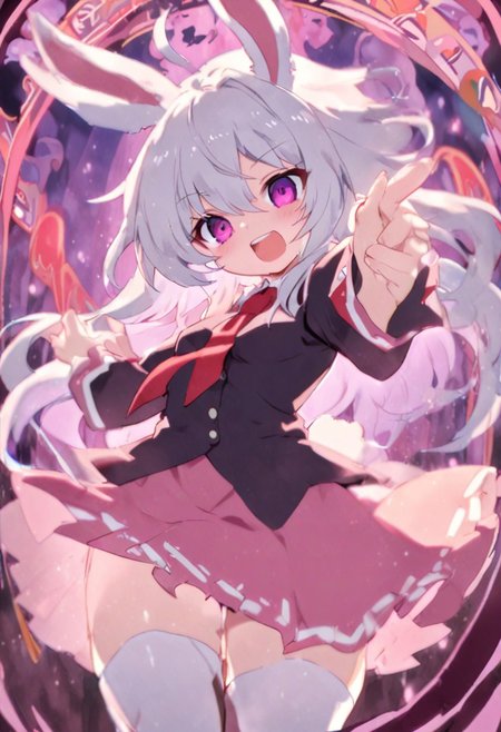 touhou, reisen udongein inaba, solo, 1girl, animal ears, breasts, finger gun, fingernails, hair between eyes, black jacket, long hair, long sleeves, medium breasts, teeth, looking at viewer,( necktie: 1.0), open mouth, purple eyes, rabbit ears, rabbit girl, rabbit tail, (skirt: 1.0), solo, tail,( thighhighs: 1.0), zettai ryouiki,( dynamic pose: 1.1), dramatic lighting,( foreshortening: 1.0), white hair,( red necktie: 1.0), pink skirt, purple light, Zankuro, masterpiece, best quality, very aesthetic, absurdres, Alphonse Mucha Style page, Tarot Card Style