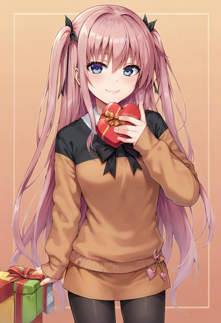 score_9, score_7_up,  1girl, 
gift, looking at viewer, black ribbon, black shirt, hair between eyes, closed mouth, pantyhose, long hair, gift box, shirt, black pantyhose, long sleeves, hand up, hair ribbon, holding gift, sweater, orange background, orange skirt, standing, twintails, orange sweater, box, cowboy shot, miniskirt, skirt, ribbon, very long hair, blush, valentine, holding, smile, pink hair, heart-shaped box, solo
 <lora:40010prototype-Style-PonyXL-DoRA-000041:1>
