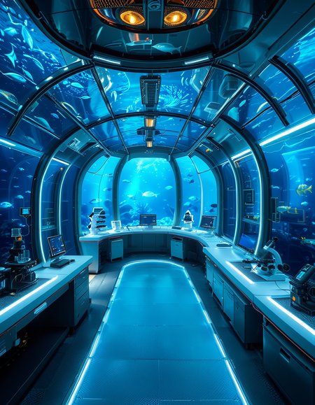 A futuristic underwater research laboratory,underwater research l4b0r4t0ry, located deep beneath the ocean's surface, surrounded by vibrant marine life and illuminated by soft, bioluminescent lighting. The laboratory features large, reinforced glass domes offering a panoramic view of the surrounding blue abyss, with schools of colorful fish and rays of sunlight filtering through the water above. Inside, advanced scientific equipment, glowing computer screens, and researchers in modern wetsuits or lab coats are visible, conducting experiments. The structure is sleek and metallic, with curved, aerodynamic designs to withstand water pressure. Coral reefs and marine plants grow nearby, adding natural beauty. The lighting is a mix of cool, bluish tones, with faint yellow lights from the laboratory windows creating a contrast. The atmosphere is calm yet futuristic, with a focus on scientific exploration and harmony with the marine environment.
<lora:SDXLFaeTastic2400:0.4> <lora:extremely_detailed:0.4> extremely detailed, <lora:underwater_research_l4b0r4t0ry:1>