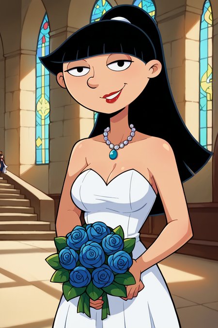 score_9, score_8_up, score_7_up, score_6_up, BREAK rhonda,1girl, solo,standing, black hair, long hair, ponytail,blunt bangs,red lips, black eyes,  wedding dress, necklace,blue gemstone, indoors, church, altar,crowd,looking  at viewer,smile,medium breasts,holding bouquet,(dark skin:0.8),      <lora:RhondaPony:1>