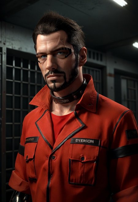 score_9, score_8_up, score_7_up, 1boy, 1man, adam_jensen, upper body, red prisoner's uniform, in sci-fi prison, collar on neck, cybernetic arms, high quality, perfect image, perfect anatomy, clear image