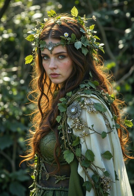 A forest nymph — her face framed by delicate, living vines that twist and bloom, forming a crown of ancient, silvered leaves. Soft, iridescent petals drift through her long, ethereal hair, which flows like a waterfall of moss-green and deep auburn, shimmering with the glow of sunlight filtering through the forest canopy. Her skin, a rich, warm earth tone, glows with the subtle hue of emerald, patterned with intricate ivy-like markings that seem to pulse with ancient magic.
Her eyes gleam from beneath the canopy of her lush, flowered cloak, a garment woven from wild vines and petal-soft fabrics that cascade around her like a living waterfall, the threads glistening with dew. The cloak, adorned with faded golden sigils and wildflowers, sways gently in the breeze, as if the wind itself has chosen to carry her voice. A lone, delicate shoulderpiece crafted from silver and moonstone rests upon her right shoulder, shaped like a leaf unfurling, a beautiful yet sharp contrast to the softness of her form.
Her curves are embraced by intricate armor made of silken leaves, glimmering with the pale sheen of dewdrops and forest dust. It’s protective, but elegant — every piece flowing like nature itself. The neckline, though open, reveals a delicate but undeniable strength, a balance of vulnerability and power.