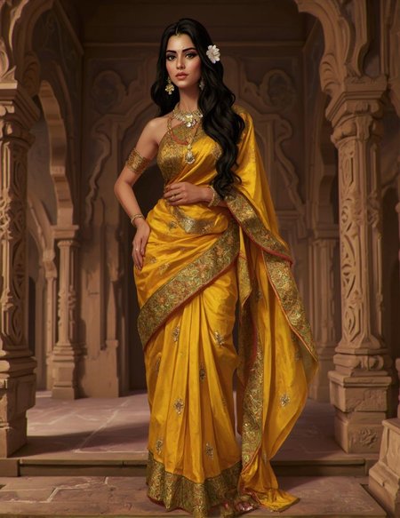 <lora:ck-LttleGhost-000011.safetensors:1> in the style of ck-lttlegh0stA stunning South Asian woman, likely in her mid-to-late 20s, stands proudly in a majestic ancient temple. She wears a breathtaking gold silk saree adorned with intricate floral embroidery and traditional jewelry, exuding an air of regal elegance. The ornate background, replete with carvings and arches, adds to the scene's timeless beauty, radiating cultural richness and sophistication.