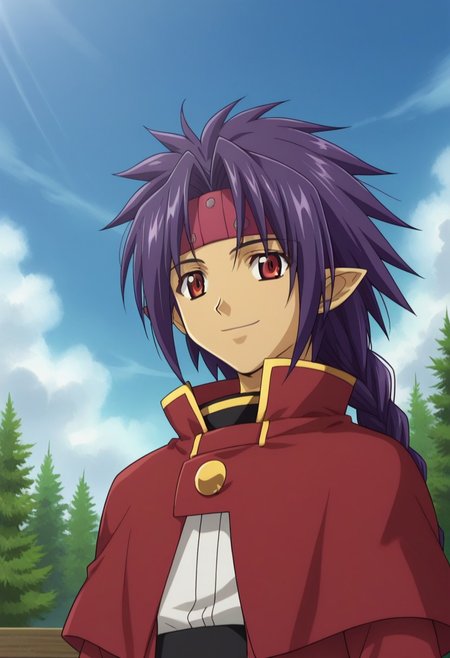score_9, score_8_up, score_7_up, source_anime, highly detailed, 
chrono, solo, braid, 1boy, long hair, male focus, red eyes, upper body, headband, purple hair, bow, coat, smile, single braid, capelet, pointy ears, shirt, white shirt, tailcoat, red tailcoat, red capelet, dark skin, dark-skinned male, tights, bow, yellow bow,
outdoor, sky,