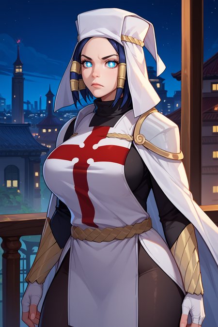score_9, score_8_up, score_7_up, score_6_up, source_anime, 1girl, solo, <lora:ffarrow-pdxl-nvwls-v1-000005:1> arr0w, hair tubes, symbol-shaped pupils, white headwear, red and white tabard, black bodysuit, bodysuit under clothes, black pantyhose, fingerless gloves, vambraces, large breasts, white cape, looking at you, serious, night, city