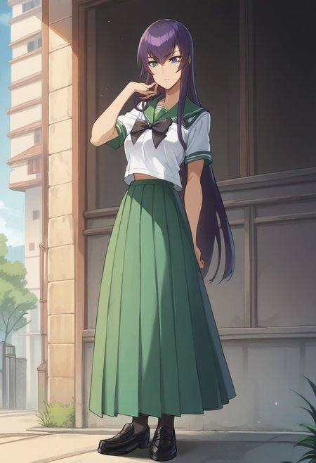 score_9, score_8_up, score_7_up, saeko_busujima, purple hair,  blue eyes, long hair, hair between eyes, school uniform, serafuku, green skirt, long skirt, pleated skirt, black bowtie,