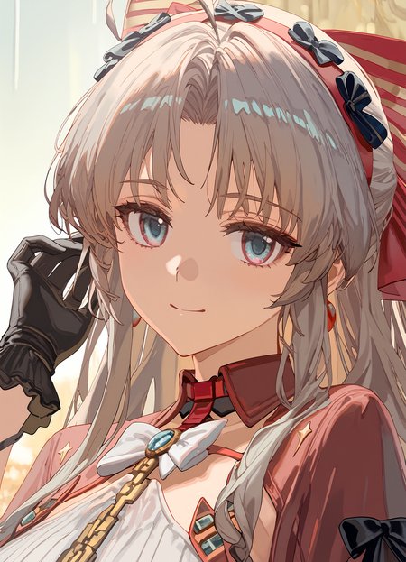 (masterpiece,best quality), rei \(sanbonzakura\), torino aqua, (ciloranko:0.9), 1girl, carlotta, pink hair bow, black gloves, upper body, smile, closed mouth, <lora:carlotta-wwIL-v1a-000007:0.9>