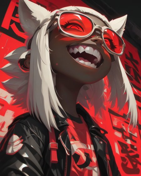 <lora:Punk_Anime_XL:1>, 
smile, mole, black jacket, heterochromia, tinted eyewear, half-closed eyes, ear piercing, o-ring, fur trim, glowing, glowing eyes, shirt, backpack, pointy ears, white shirt, skirt, black serafuku, red background, bangs, dark skin