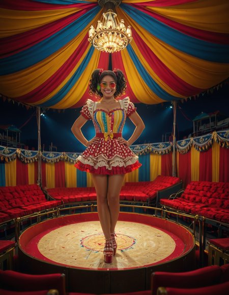 focus on woman face,rating_safe,A vibrant and colorful scene inside a grand circus tent,grand c1rcus, featuring a woman dressed as a whimsical clown. She is wearing an elaborate costume with a mix of bold patternsâred and white stripes, polka dots, and bright yellow accents. Her hair is styled in playful, oversized curls, dyed in shades of blue and pink. She is standing center stage, under a spotlight that casts a warm glow, making her sequined outfit sparkle. Her pose is dynamic and engaging, as if she is about to perform a trick or joke, with a wide, inviting smile. The background showcases the lively atmosphere of the circus, with colorful banners, a large audience in shadowy rows, and hints of other performers or props like juggling pins or unicycles. The overall lighting is bright and cheerful, emphasizing the magical, festive mood of the circus.<lora:SDXLFaeTastic2400:0.4> <lora:extremely_detailed:0.4> extremely detailed, <lora:grand_c1rcus:1>, Masterpiece,best quality,hi res,8k,hi res,8k,award winning,(sharp focus, intricate, highly detailed),