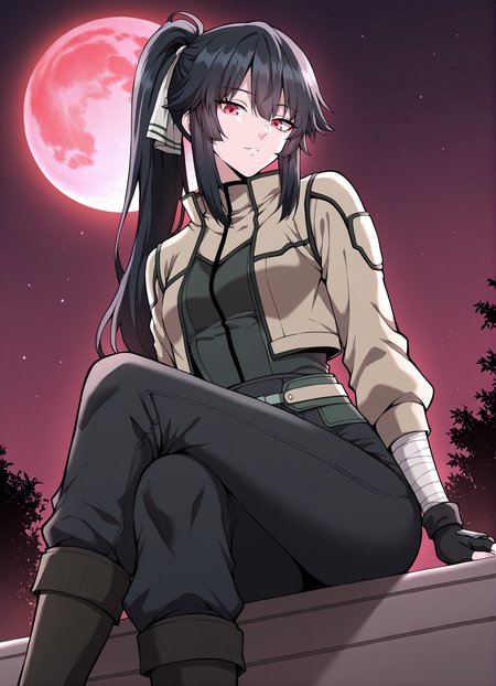 <lora:Jasmine_Flamesworth__The_Beginning_After_the_End__Illustrious:1>
1 girls, solo, red eyes, black hair, long hair, ponytail, bangs, hair between eyes, sidelocks, small breasts
brown jacket, greeb ribbon, fingerless gloves, long sleeves, black pants, black boots, bandages
(Anime_source),Masterpiece,(perfect female body:1.2), small waist,(incredibly detailed:1.4), slim, parted lips, looking at viewer, sitting, crossed legs, red moon, night