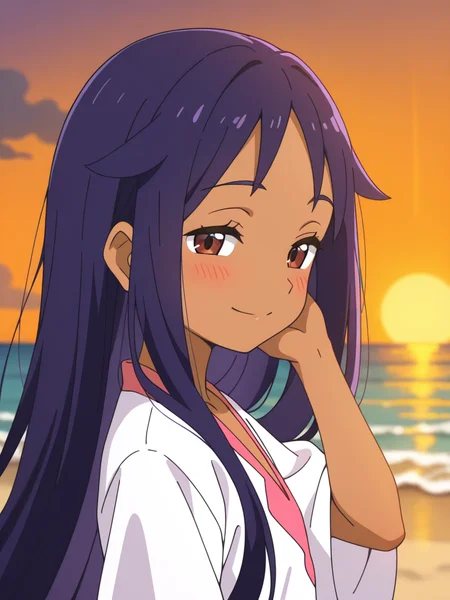 (portrait:1.2), depth of field, horizon, ocean, twilight, orange light, 
1girl, beach,  barefoot, wind, hand in own hair, seductive smile,blush,  half-closed eyes,  from side,looking at viewer, 
<lora:iris_champion_2:1.0> iri5cham1on,dark-skinned female, dark skin, brown eyes,
purple hair, very long hair, (alternate hairstyle,:1.3)  (straight hair,:1.2)
white shirt, pink v-neck,, masterpiece, high quality, absurdres, best quality, very aesthetic, newest,