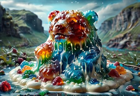 high quality, (Domination of the blue color:2), Jellystyle, stone bridge<lora:bad_prompt_version2-neg:1> <lora:By bad artist -neg:1>  <lora:Jelly_Style:1> (rainbow color grading:1.5). (Icing milk:2). (Sugar coating :1). berry made of jelly. River of milk. ais-chocsauce Mountains. Crystallized Sugar Rain. The floor is covered with honey. Multi-colored Jellystyle bears.
(Fish) Made of gum with glowing precious stones is shown into the jello realm. From the right of the frame, the Jellystyle bears.
CastleBreizh XL Mk8 on the left.
Asymetric composition, dynamic pose, field of depth, grass in the foreground. Close-up view from below.