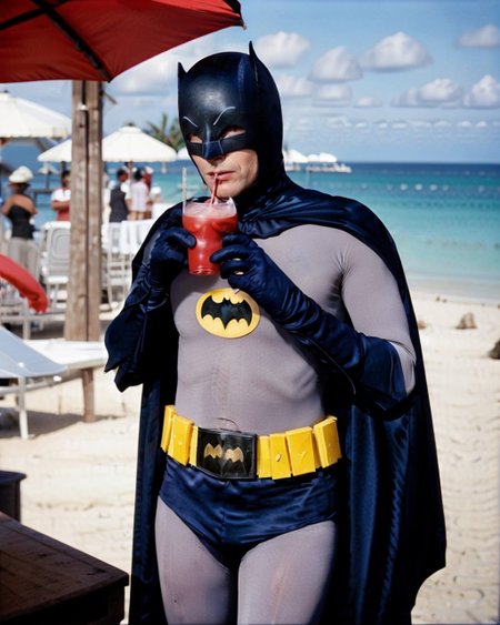 <lora:Batman:0.7> batman drinking a daiquiri on vacation