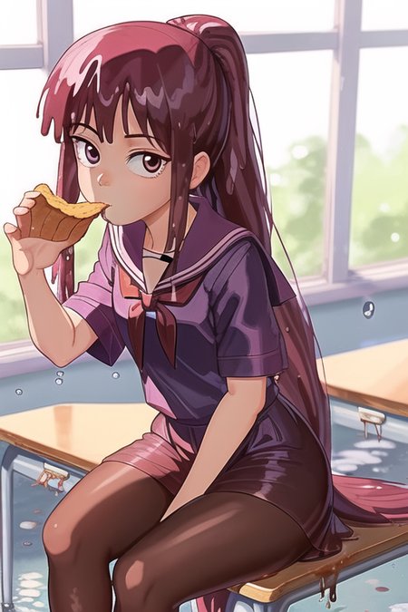 <lora:TFMJellyMage:0.8> JellyMage sitting on a desk in class, eating a bag of chips, wearing a school uniform, dripping, puddle, very long ponytail, 80's style anime
