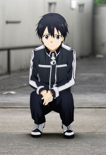 high resolution, solo, best quality, 1Boy, Kazuto Kirigaya, Black Hair, Black Eyes, lofi, candid, squat, depth of field, photo model, looking at viewer, OverallDetail