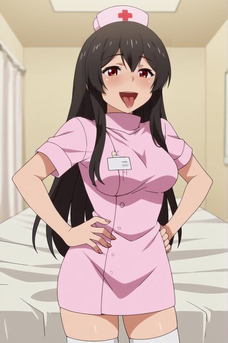 score_9, score_8_up, score_7_up,anime_source, source_anime, best background, detailed background, anime screencap,  Sadako, nurse, nurse cap, hands on hips,indoors, naughy face, tongue out, saliva, happy, <lora:JN_Sadako:0.8>