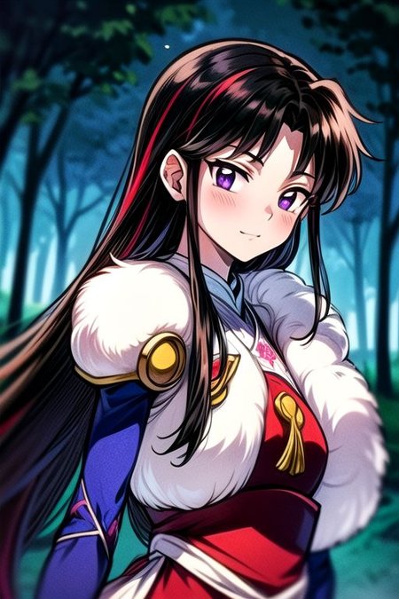 masterpiece,  best quality 1girl Setsun4 solo long hair,  (night time) forest background black hair very long hair purple eyes multicolored hair armor (fur trim) (medium body),<lora:EMS-179-EMS:0.800000>,<lora:EMS-293862-EMS:0.800000> bow, hair_bow, hair_tubes, red_bow, brown_hair, long_hair, bangs, ascot, frilled_bow, yellow_ascot, blush, smile, hair_between_eyes, athletic, armor, miko, ,(((intricate outfit,intricate clothes,embroidered outfit,ornate outfit,embroidered clothes,ornate clothes))),
