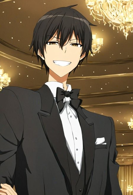 high resolution, solo, best quality, 1Boy, Kanie Seiya, Black Hair, luxury hotel, Ballroom, tuxedo, smile, confident, OverallDetail