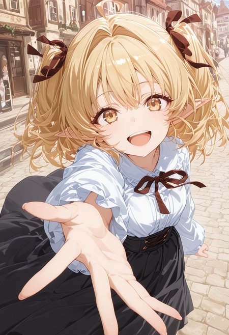 (masterpiece, best quality, newest, absurdres, highres),(anime coloring), soft colors, 1 girl solo, lily (yami healer), long hair, blonde hair, ahoge, short hair, twintails, two side up, hair intakes, hair ribbon, pointy ears, yellow eyes, eyelashes, eyeliner, mole, virgin killer outfit, white shirt, long skirt, black skirt, pantyhose, in town, reaching out,pov, dutch angle, happy face, excited,