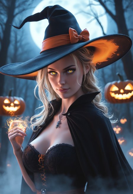 Design a hyper-realistic Halloween night scene featuring a powerful witch standing in a haunted forest, casting dark, glowing magic infused with flux-like energy. The witch wears a tattered black cloak, her face partially shadowed by a wide-brimmed hat, with glowing eyes and an ominous grin as she conjures swirling, neon-green and purple magic from her fingertips. The flux energy snakes through the air, illuminating the twisted, ancient trees and fog-covered ground. Around her are eerie jack-o'-lanterns with sinister, flickering smiles, casting an unsettling orange glow. The full moon hangs low in the stormy, dark sky, with bats flying overhead. Shadows twist and shift as her magic pulses through the forest, creating an atmosphere of dark enchantment and Halloween terror.
 (((((upper body))))), dynamic pose
 <lora:Dynamic Poses:1>
 <lora:detailed_notrigger:1>
(((full clothed)))
<lora:DandonFuga_Style_v.2_-_Pony:0.8>