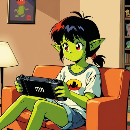 Kiki playing retro Nintendo games on a big-screen TV, casual clothes, spacing out, dimly lit living room, solo, sitting on couch,