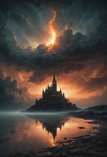 highly detailed and hyper realistic photo, by Alena Aenami , by Archibald Thorburn , by Daniele Afferni , rural country, apocalyptic fantasy, silver flame, glowing cathedral, divine light, burning skyes, mmo, digital art, 4 k, art by gustave dore, hiremius bosch, in the style of  monochromatic silhouette reflection,  limited dark palette, unusual dark colors, faded colors, atmospheric haze, highly dramatic cinematic lighting, motion blur, film grain,  professional, excellent composition, finest details, maximized details, ultimate detail level, masterpiece, best quality