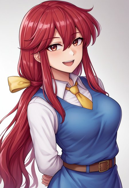 score_9, score_7_up, source_anime, source_cartoon, source_explicit, BREAK, colorful, aesthetic, illustration, kotohime (touhou), long hair, red hair, red eyebrows, hair between eyes, bangs, sidelocks, low-tied long hair, tied hair, low ponytail, hair ribbon, yellow ribbon, red eyes, breasts, white shirt, collared shirt, long sleeves, yellow necktie, blue vest, brown belt, blue skirt, hands behind back, open mouth, smile, teeth, simple background, looking at viewer, facing viewer, standing in front of viewer, standing
