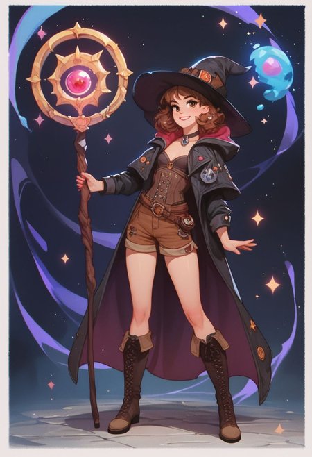 score_9, score_8_up, score_7_up, score_6_up, score_5_up, detailed background, witch girl, brown shorts, roll out, boots, jacket, magic staff, looking at viewer, (full body:1.3), pikaole
