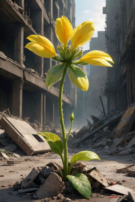 post-apocalyptic wasteland, nuclear fallout, the most beautiful and perfect flower with green leaves growing from dust and rubble, delicate and vulnerable, representing hope and a new beginning, vibrant colors, dramatic light, extremely detailed, ultra-realistic, masterpiece, <lora:- SDXL - letitflrsh_let_it_flourish_V1.0:0.8> letitflrsh <lora:add-detail-xl:1>