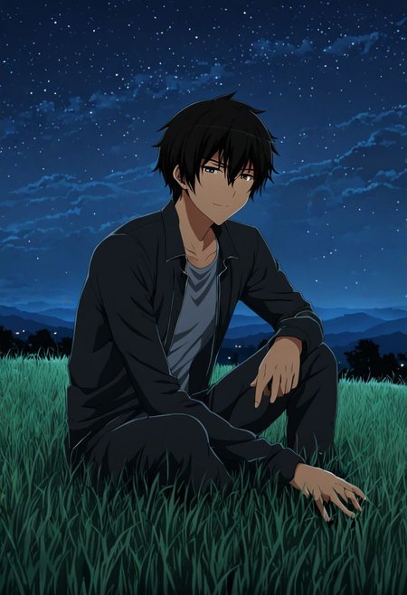high resolution, solo, best quality, 1Boy, Kanie Seiya, Black Hair, grass, middle night, sky night, beautifull night, OverallDetail