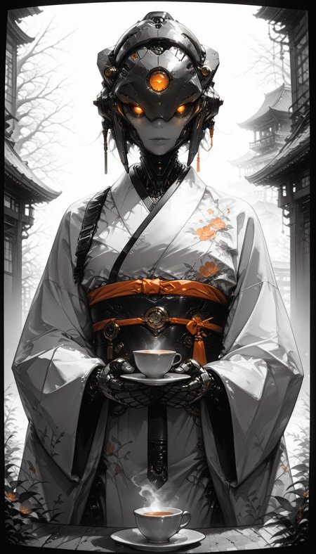 An4chr0t3ch,, covered eyes, headgear,, GothTV,scanlines,black border,, GothTV,scanlines,black border,monochrome,greyscale masterpiece, best quality, good quality, very aesthetic, absurdres, newest, 8K, depth of field, focused subject,   A vivid portrayal of a humanoid robot with a futuristic design, set against a backdrop of a traditional Japanese setting. The robot's head is adorned with a sleek, metallic helmet featuring glowing orange eyes, giving it an otherworldly and advanced appearance. It holds a steaming cup of tea in its hands, suggesting a moment of relaxation or contemplation.  The composition should be a full-body shot, capturing the subject from the front to highlight the intricate details of the robot's design and the traditional kimono it wears. The kimono features a vibrant red and white color scheme, adorned with delicate floral patterns, creating a striking contrast with the robot's metallic and steampunk elements.  The setting is reminiscent of a serene, autumnal environment, with cherry blossom trees in full bloom. Their leaves are a brilliant orange-red, contrasting with the cool, misty atmosphere. Traditional Japanese architecture, including pagodas and torii gates, is visible in the background, all bathed in a soft, ethereal light.  The overall style of the image leans towards a blend of realism and fantasy, with a color palette dominated by warm tones of orange, red, and white, punctuated by the cool blues and grays of the robot's skin and the steampunk elements. The detailed shading and textured elements come together to create a visually striking and immersive image that captures the essence of a harmonious blend between traditional and futuristic elements. 1girl, solo, looking_at_viewer, holding, outdoors, japanese_clothes, day, wide_sleeves, kimono, cup, orange_eyes, glowing, robot, holding_cup, steam, glowing_eyes, science_fiction, teacup, android, joints, mechanical_arms, tea, saucer, robot_joints, humanoid_robot, holding_saucer, An4chr0t3ch,, covered eyes, headgear,, GothTV,scanlines,black border,, GothTV,scanlines,black border,monochrome,greyscale