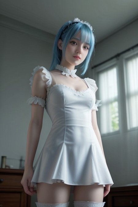 Score_9,Score_8_up,Score_7_up, highly detailed, best quality, cinematic lighting, photo realistic, realistic, real cute supermodel, hyperrealistic,fancy mansion, ultra detailed, highly detailed, detailed skin, japanese face, cosplay pose:1.1,1girl, rem, rem_re_zero, , smirk, tilted to the side, leaning to the side, white thigh high socks, cute maid sparkle dress, (cute, petite),
Re:zero Rem, solo focus, light blue hair, cute maid outfit,  view from below, thunder punch, [[volumetric fog:0.2]], god rays,