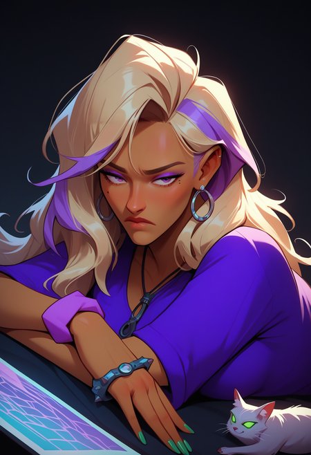 digital painting, all the other Pony quality tags, check the prompts! score_9, score_8_up, score_7_up, score_6_up, score_5_up, score_4_up,
 <lora:DreamPallete:1> dr3am,
1girl, blonde hair, green nails, wrist scrunchie, cat, dark-skinned female, multicolored hair, computer, dark skin, on stomach, purple hair, scrunchie, shirt, laptop, long hair, lying, streaked hair, nail polish, jewelry, solo, earrings, black background, breasts, short sleeves, purple shirt, mole, frown
