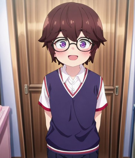 masterpiece, best quality, newest, absurdres, highres, detailed eyes, beautiful, detailed background, perfect eyes, anime coloring, anime screencap,
<lora:add-detail-xl:0.5>
<lora:Makina-sans_a_Love_Bot:1>Makina-san's_a_Love_BotV1,
glasses,1boy,brown hair,
male focus,blush,
open mouth,solo,smile,
purple eyes,m_eita,
standing,