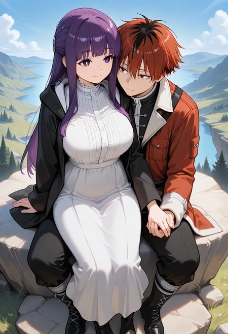 masterpiece, by piaki,  best quality, very detailed, 
1 girl, Fern \(Sosou no frieren\), purple hair, long hair, purple eyes, large breasts, 
1 boy, Stark \(Sosou no frieren\), red hair, 
Outdoors, sitting on the edge of a cliff, 
Holding hands, heads against eachother, happy,