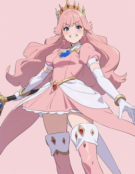 1girl, 
kamo kamen, 
short sleeves, pink hair, bracelet, white gloves, skirt, elbow gloves, jewelry, solo focus, cosplay, thigh boots, earrings, teeth, blue eyes, eyelashes, thighhighs, company connection, crown, holding weapon, pink footwear, blush, simple background, clenched teeth, holding, weapon, crossover, looking at viewer, smile, princess peach \(cosplay\), boots, puffy sleeves, long hair, sphere earrings, pink legwear, puffy short sleeves, gloves, 
masterpiece, best quality, newest
 <lora:kamo_kamen_image373_2024-03-28_a31:1>