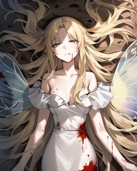 (masterpiece, best quality:1.1), absurdres, very authentic, 1girl, lying, on ground, ruin, straight-on, from above, upper body, aurora\(fate\), unkempt hair, hair spread out, aurora\(fate\)'s off-shoulder gown, blood stain, blood on clothes, blood from mouth, slight smile, looking ahead, (see-through butterfly wings:1.3), no lineart, arm at side, broken jewelry on ground, <lora:Aurora-anxl31-000059:0.6>, <lyco:QUASARCAKEXLANI31lokrV42310:0.7>,