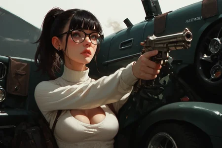 1girl, weapon, gun, black hair, handgun, holding weapon, solo, holding gun, holding, smoke, clothing cutout, , , finger on trigger, ponytail, upper body, glasses, aiming, car, , motor vehicle,  long sleeves, breasts, zPDXL3, detailxl,  Score_PnyReal,