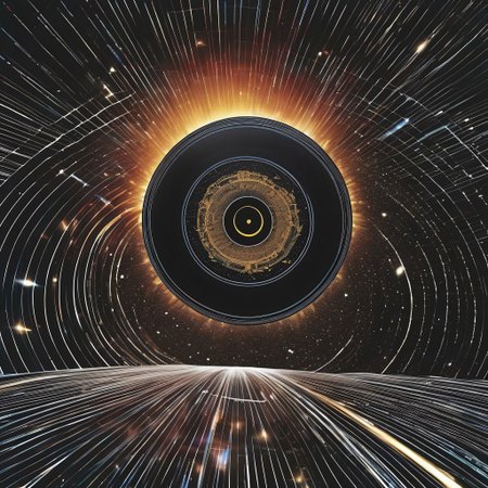 cosmic turntable, solar eclipse of planets:cd's orbiting huge Sun:star vinyl_LP, made of cd's, with solar flare over background grooves etched in universal vinyl LP_record Oort-Cloud, in background of infinite tangled unwound tape-casette-spool of spacetime, within black void