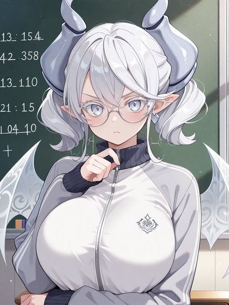 1girl,solo,round glasses,demon girl,upper body,large breasts,looking at viewer,blush,serious,:<,closed mouth,floral background,heart earrings,hand up,sleeves past wrists,lovely labrynth of the silver castle,transparent demon wings,grey track jacket,math,thinking,classroom,indoors,
masterpiece,best quality,amazing quality,very aesthetic,newest,<lora:Lovely labrynth of the silver castle illuXL v1:0.6>,white eyelashes,