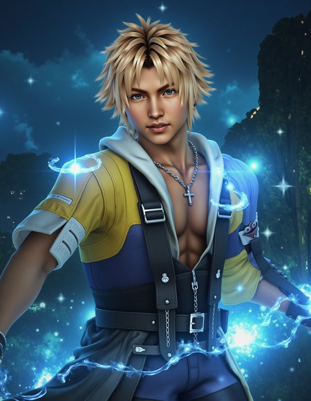 Tid_dus_2025, The image is a CGI-rendered digital artwork featuring Tidus in a Magic Background <lora:Tidus_(Locale):1.0> <lora:AntiBlur:1.0>