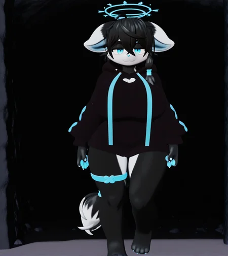 1girl, wild hips, huge breasts, breasts, cleavage, legband, looking at viewer, possessed, smile, smoke, solo, cave, rock formation, darkness, entrance, light, water,
Lexi Floof(IlexisTheMadcat),
furry fmeale,
body fur,white fur, black fur,tow-tone fur,
blue halo,
black hair,short hair,ahoge,messy hair,
blue eyes,
hair between eyes,side braid,hair tie,blue hair tie,
animal ears,droopy ears,
animal nose,
snout,
black hoodie,
paw print,drawstring,x (symbol),
tail,tail ornament,two-tone tail,black tail,white tail,
animal hands,animal feet,
pawpads,claws,blue pawpads,
intricate details,detailed background, 3D,
<lora:noobaiXLNAIXL_epsilonPred11Version-lora:0.1> <lora:anatomy_helper:1> <lora:BallsDeep-IL-V2.2-S-NoMask-WithCloseups:1> <lora:Curve slider IXL2_alpha16.0_rank32_full_last:3> <lora:Lexi_FloofIlexisTheMadcat.2:1>