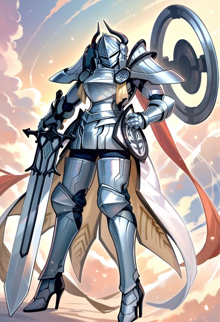(score_9:0.9),score_8_up,score_7_up,rating_safe,anime style,(zPDXL),(zPDXL3),<lora:Dogmatika Fleurdelis the Knighted ponyXL v1:0.76>,silver knight armor,huge silver sword,shield,solo,full armor,holding huge silver sword,silver helmet,hand on hip,silver armored boots,full body,1girl,holding shield,silver armored gauntlets,