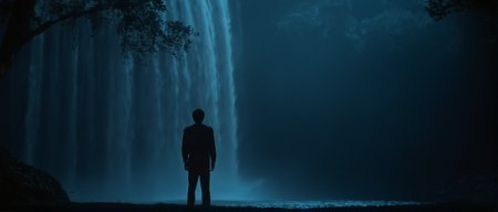 cinematic film still of  <lora:Fright Night 1985 style v2:1>
In the 1980's a silhouette man standing in front of a waterfall of water,1boy,standing,outdoors,sky,cloud,from behind,tree,night,grass,star (sky),nature,scenery,dark,fog , horror themed, dark themed, low key light, dramatic light, dramatic shadow light, contrast, cinematic color, cinematic look, filmic, realistic, realism, perfection, perfect, Kodak, Kodak film, movie still, Fright Night 1985 style, Fright Night Film style, shallow depth of field, vignette, highly detailed, high budget, bokeh, cinemascope, moody, epic, gorgeous, film grain, grainy