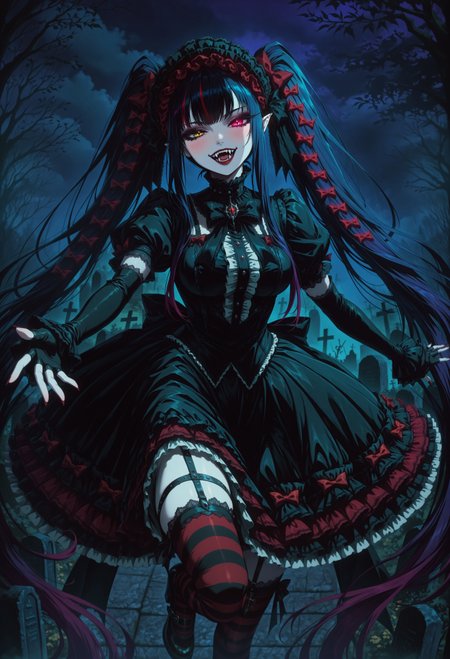 GOTAV1.0, 1girl, pale skin, dark hair, heterochromia, long twintails, gothic twintails, hair bows, multiple hair bows, very long hair, gradient hair, multicolored hair, streaked hair, masterpiece, best quality, absurdres, medium breasts,
(gothic theme, lolitafashion:1.2), gothic lolitafashion, gothiclolita, gothic lolitadress, victorian dress, gothic, dark, moody, puffy dress, petticoat, puffy sleeves, dark colors, frilled skirt, gothic thighhighs, striped thighhighs, gothic dress, white shirt, elbow gloves, gothic headdress, many bows, multiple bows, frills, frilled fabric, center frills, gothic lolitashoes,
red lipstick, red lips, long eyelashes, eyeshadow, eyeliner, mascara, blush, gothic makeup, red nails,
outdoors, nature, graveyard, tombstones, night, dark environment, fog, bats, 
solo, standing on one leg, cowboy shot, dynamic pose, looking at viewer, half-closed eyes, open mouth, vampire fangs, fangs, smile, cute fangs, outstretched arms, foreshortening, reaching towards viewer, glowing red eye,
intricate, highly detailed, majestic, shallow depth of field, movie still, circular polarizer